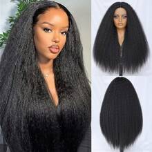 Kinky Straight Lace Front Wig 28Inch Synthetic T-Part 13x5x1 Long Lace Wigs Afro Yaki Straight Wigs Ombre Brown