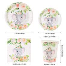 Juego de vajilla desechable con flores rojas y elefantes, platos de 7/9 pulgadas, servilletas, vasos, regalos y suministros para fiestas de cumpleaños, platos de papel desechables, servilletas, vasos, apropiado para decoraciones de fiestas con temática de cumpleaños