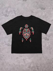 Men's Crew Neck Short Sleeve Traditional Turtle Graphic T-Shirt - Black - View 2