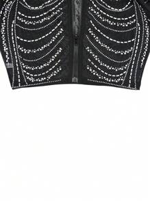 时尚优雅女士纯色网眼闪亮水钻长袖上衣和裙子两件套服装生日派对节日万圣节 - 黑色 - 查看 7