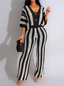 Women Hollow Out Striped Single-Breasted Knitted Top And Wide-Leg Pants Set