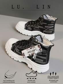 Un par de zapatos de lona con revestimiento de tela, cómodos e informales, con suela gruesa, zapatos de mezclilla con cordones, antideslizantes, de alta adherencia deportiva, zapatos de verano de moda de alta adherencia - Negro - Ver 7