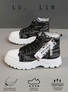 Un par de zapatos de lona con revestimiento de tela, cómodos e informales, con suela gruesa, zapatos de mezclilla con cordones, antideslizantes, de alta adherencia deportiva, zapatos de verano de moda de alta adherencia - Negro - Ver 5