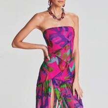 Women Tube Top Dress Slim Strapless Backless Mesh Patchwork Maxi Dress Leopard Print High Slit Long Dress Party Club Night Dress Clubwear - Màu tím - Xem 5