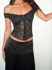 Women's Off Shoulder Lace Corset Short Sleeve Solid Color Slim Fit Bustier Tops Vintage Shirts - Black - View 4
