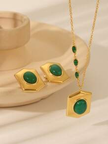 Juego de 3 piezas de collar colgante de acero inoxidable con baño de oro de 18 quilates, piedra de ojo de gato verde y forma geométrica de rombo, joyería de estilo europeo y americano de moda adecuada para regalo de mujer para fiesta y cumpleaños