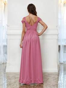 Elegant Off Shoulder Long Dress With Front Slit - Pink - View 3