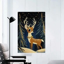 Framed   Christmas Cartoon Deer Canvas Print Wall Art, Contemporary Style Festive Winter Poster, For Living Room, Bedroom, Office, Hallway, Kitchen Wall Decor, Ideal Christmas Gift - 裱框 - 查看 6