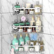 Black Bathroom Corner Shower Shelfs, Adhesive Wall Mounted Shower Caddy With 4 Movable Hooks, Rustproof Stainless Steel Bathroom Shower Organizer, No Drilling Wall Mount 2-Pack - 銀色 - 查看 1