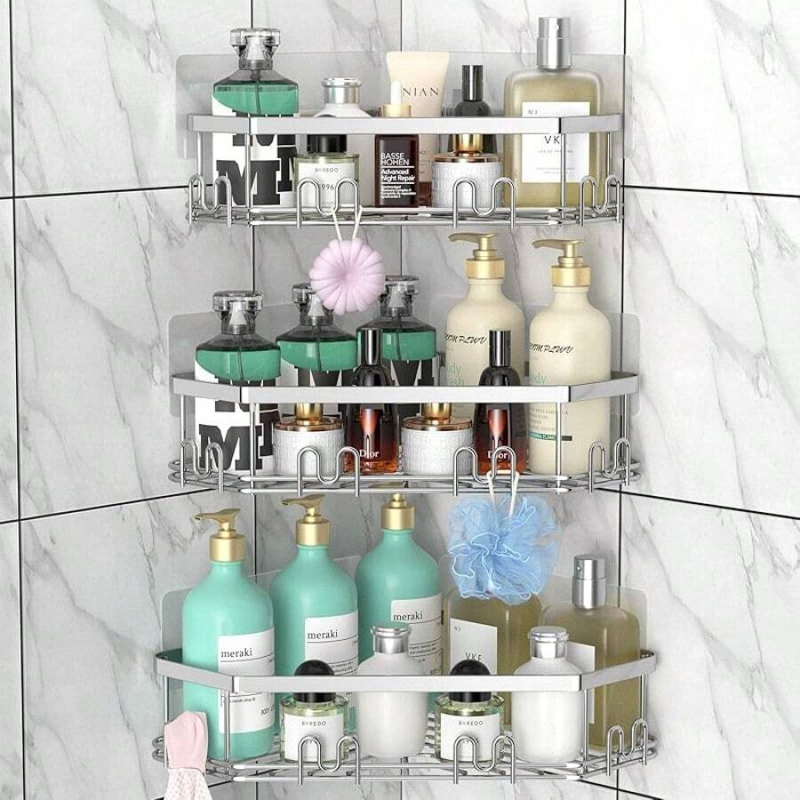 Black Bathroom Corner Shower Shelfs, Adhesive Wall Mounted Shower Caddy With 4 Movable Hooks, Rustproof Stainless Steel Bathroom Shower Organizer, No Drilling Wall Mount 2-Pack - 銀色 - 查看 1
