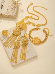 5pcs/Set Fashion Gold Plated Jewelry Set, Round Flower Cutout Yellow Gold Necklace Bracelet Earrings Ring, Suitable For Women's Holiday Wear, Wedding Jewelry