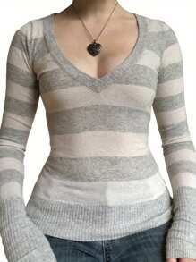 Women Long Sleeve Knit Tops Casual V-Neck Striped Pullover Shirt Blouse For Club Streetwear - 淺灰色 - 查看 1