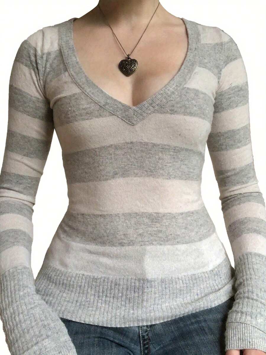Women Long Sleeve Knit Tops Casual V-Neck Striped Pullover Shirt Blouse For Club Streetwear - 淺灰色 - 查看 1