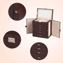 Frebeauty Large Jewelry Box,6-Tier PU Leather Jewelry Organizer,Multi-Functional Storage Case With Mirror,Accessories Holder With 5 Drawers For Necklace Bracelets Watches - 棕色 - 查看 4