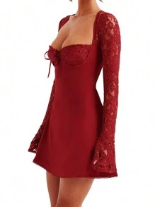 Women Lace Mini Dress Y2K Low-Cut Tie Up Lace Sheer Long Sleeve Backless Party Short Cami Dresses - 紅色 - 查看 4