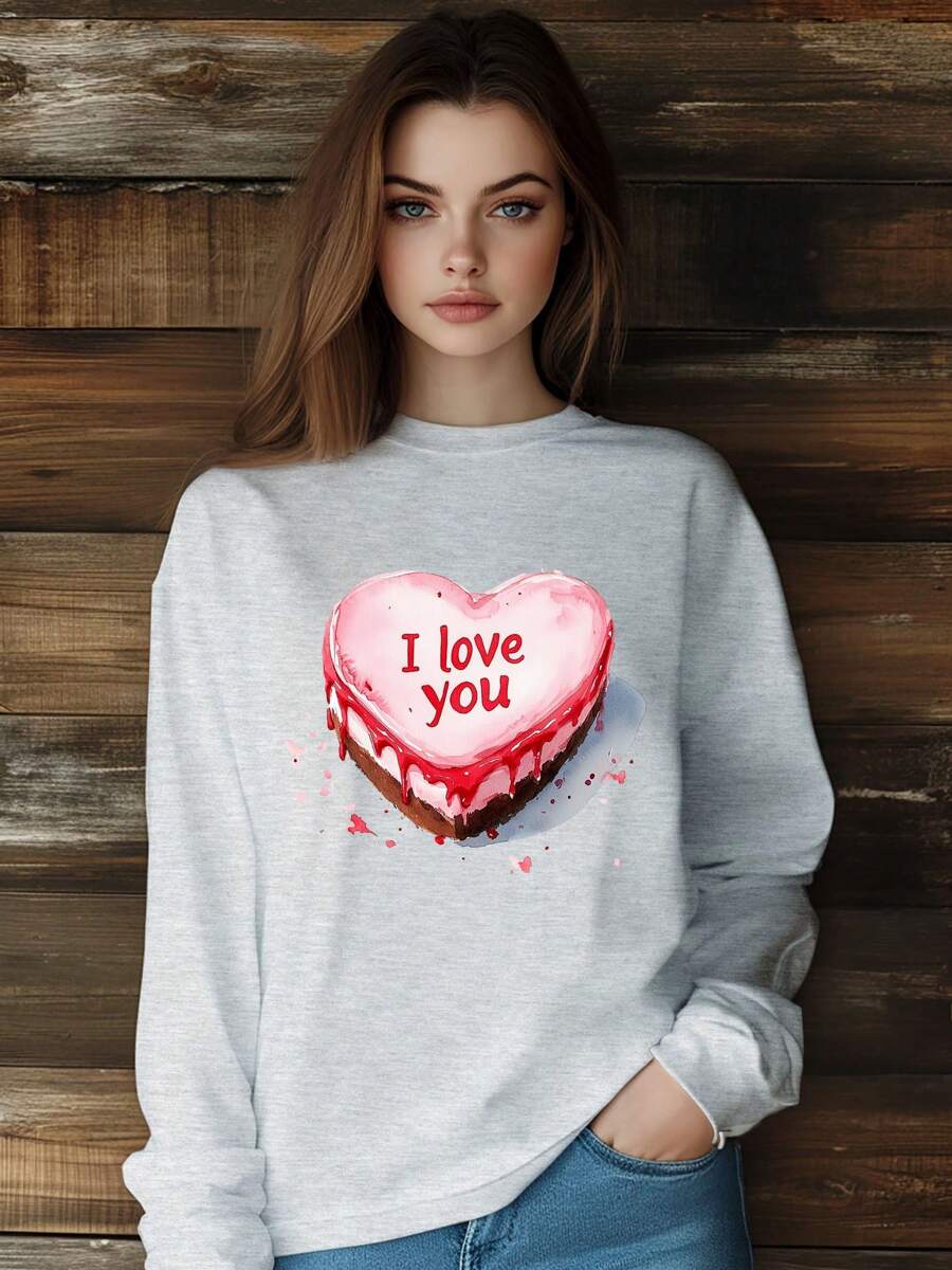 Women  Valentine's Day Love  Cartoon Retro T-Shirt Fashion Print Long Sleeve Round-Neck Loose Fit Tops Streetwear