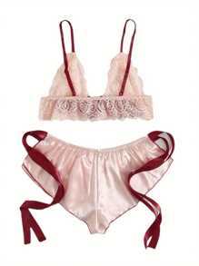 Two-Piece For Women Valentine's Christma's Day Gift Women's  Lingerie Color Block See-Through Bandage Bra + Panties For Nights - 粉色 - 查看 3