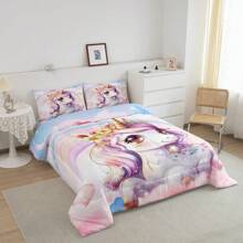 Erosebridal 2/3 Pcs Kawaii Unicorn Bedding Sets, Cute Unicorn Comforter Set For Teens Women Adullts, Soft & Comfortable Rainbow Star Rose Floral Butterfly Bed Set - Unicorn Home Guest Room Bedroom Decor, Suitable Birthday & Festival Gifts(Microfiber) - 粉色 - 查看 3