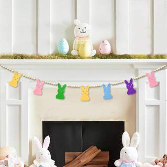 1pc Easter Day Wooden Beads Garland With Colorful Bunny-Shaped , Spring-Themed Rabbit Beaded Tiered Tray Decor, Rustic Farmhouse Banner For Easter Celebration, Shelf Display, Fireplace, Wall