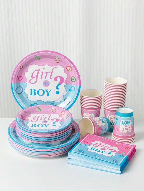 100 قطعة أدوات مائدة يمكن التخلص منها لحفلة الكشف عن جنس الطفل، تشمل 20 منديل ورقي، طبق وكوب للحفل