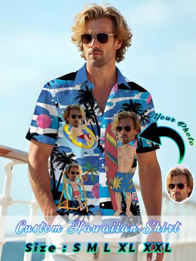 Chemise hawaïenne personnalisée pour hommes en été, avec imprimé de surfeurs et de feuilles tropicales, manches courtes, style décontracté, idéale comme cadeau d'anniversaire, de famille, pour petit ami ou amis