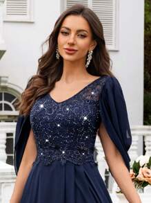 MIUSOL 优雅 V 领亮片花卉蕾丝褶皱下摆正式派对礼服、婚礼宾客礼服、晚礼服、长袍