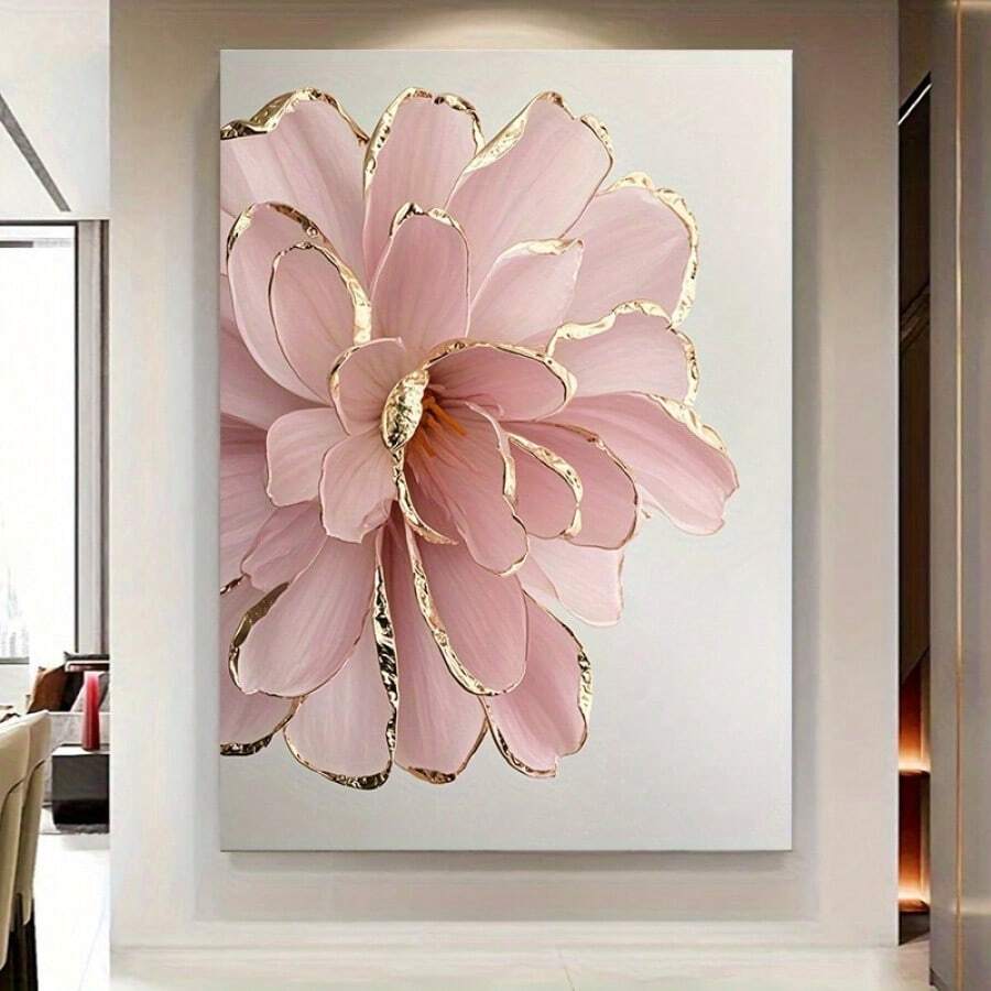 1pc Luxury Pink Peony & Golden Accents Canvas Print Wall Art - Modern Decor For Living Room, Hotel 12*18inch - 米色 - 查看 1