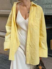 Look Polly 女士夏季 Y2K 条纹长袖衬衫，奶油黄单排扣休闲时尚，沙滩风，带口袋设计，返校季，复古风可爱教师衬衫，宽松纽扣衬衫，教师，情人节音乐会时尚衬衫，春季 - 黃色 - 查看 9