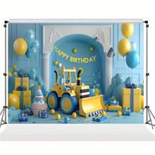 Bannière de toile de fond pour fête d'anniversaire sur le thème de la construction - Polyester décorations d'excavatrice et de bulldozer en arrière-plan, convient pour toutes les occasions et saisons - Photographie d'intérieur/extérieur multifonctionnelle - 1 pièce, nappe, rideau
