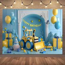 Bannière de toile de fond pour fête d'anniversaire sur le thème de la construction - Polyester décorations d'excavatrice et de bulldozer en arrière-plan, convient pour toutes les occasions et saisons - Photographie d'intérieur/extérieur multifonctionnelle - 1 pièce, nappe, rideau