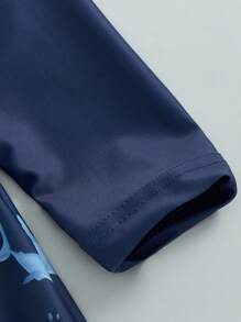 Conjunto de 2 piezas de traje de baño para niño pequeño: Traje de baño tipo escudo antirrasguños con estampado de tiburón de manga larga y media cremallera, talla grande sombrero para el sol - Azul - Ver 5