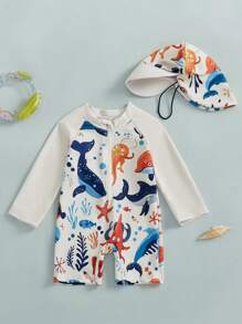 Infant Toddler Baby Boys Rash Guard Swimsuit Romper Long Sleeve Shark Print Bathing Suit Swimwear With Swim Cap - Khaki - View 2