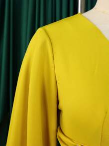 Women's Elegant Plus Size Jumpsuit Solid Color Long Sleeve Deep V-Neck Peard Diamond Wide Leg Rompers - Yellow - View 5