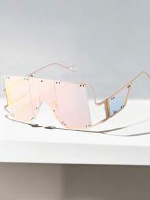 1pc Women's Oversized Flat Top Fashion Glasses, Y2K Square One-Piece Stylish Glasses, Retro Punk Large Frame , Metal Rivet Punk Glasses, Fashionable For Party, Music Festival, Beach, Holiday, Halloween, Summer Beach Vacation, Outdoor Activities, Travel