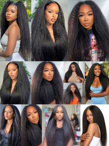 Kinky Straight Lace Front Wig 28Inch Synthetic T-Part 13x5x1 Long Lace Wigs Afro Yaki Straight Wigs Ombre Brown