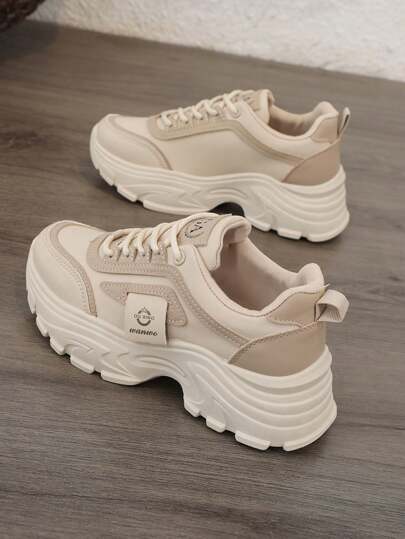 Women's Thick Sole Sports Shoes, 2025 New Lightweight Thick Sole Sneakers Suitable For Spring & Fall Sports Style, White Lace Up Women Shoes