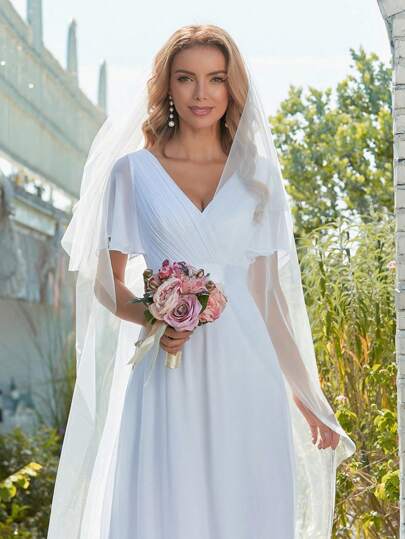 EVERPRETTY Elegant Pleated Fitted Bustier Satin Waist Chiffon Wedding Dress, White Bridal Gown For Gifts, Parties, Spring/Summer Bride, Bridesmaid