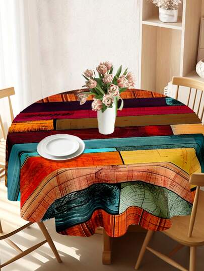 1pc Vintage Wood Grain Round Tablecloth, Colorful Wood Grain Printed Polyester Tablecloth, Dining Table Party Decor Tableskirt, Birthday Party Decor Tablerunner, Kitchen Decor Tablecloth, Room Decor Tablerunner, Home & Kitchen Decor, Birthday Gift Party Favor
