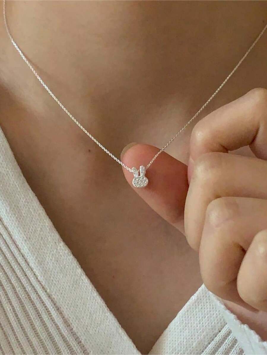 BALMORA 925纯银兔子项链，镶嵌锆石，动物锁骨链，小巧可爱，时尚简约，适合日常佩戴，情人节珠宝礼物 - 銀色 - 查看 1