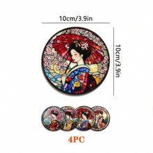 4pieces Japanese Cherry Blossom Wooden Coaster-Heat-Resistant Non-Slip Table Mat, Suitable For Home, Office And Theme Parties, 3.9 Inches