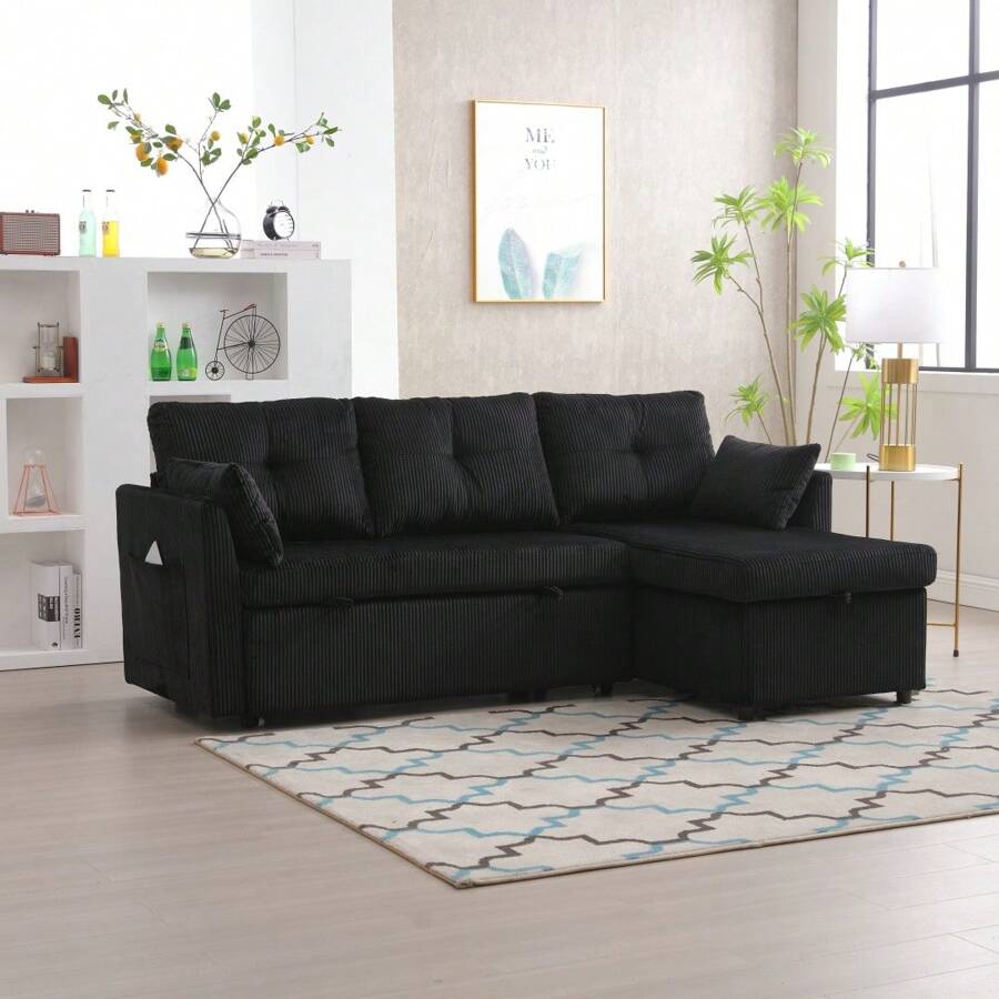 Multi-Functional Sofa Bed With Storage And Pull-Out Bed, Chaise Longue Interchangeable Sofa Bed, Sectional Sofa With Storage Seats, Modular L-Shaped Sofa, Modular Corner Sofa For Living Rooms - Negro - Ver 1