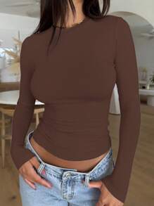 QGEMANWU Camisetas de manga larga con cuello redondo, ajuste delgado, básicas y casuales para salir, para mujer - color chocolate - Ver 4