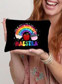 1pc Teacher Print Makeup Bag,To Best Teacher Ever Letter Print Makeup Bag,Gift Bag Zipper Bag For Travel,Lightweight Storage Bag, Coin Purse, Zipper Clutch Pouch,Pouch Bags Cosmetics Bag Makeup Storage Bag Beauty Bag Make Up Bag - Black - View 1