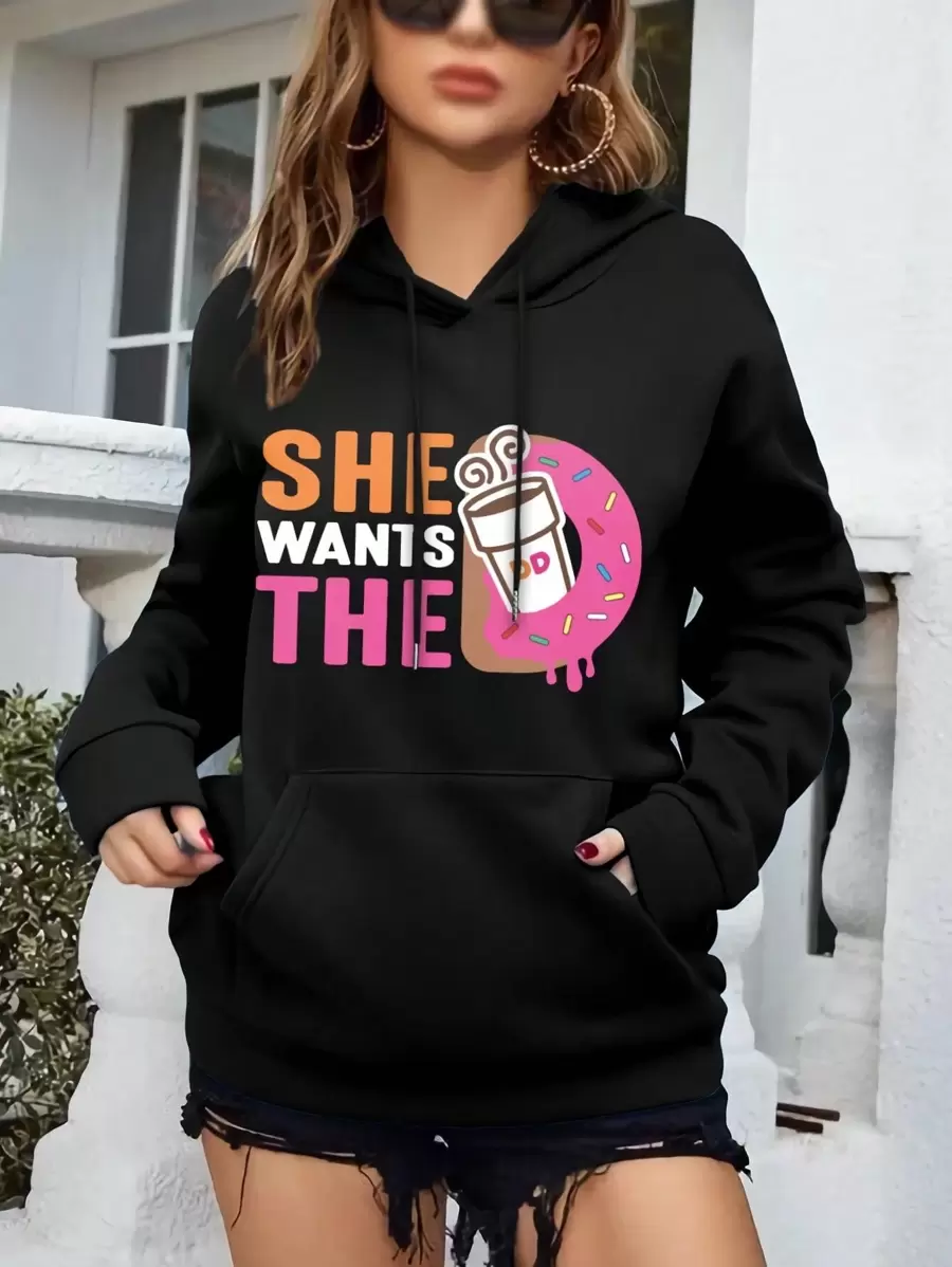 She Wants The D - Dunkin' Donuts Hoodie Coffee Cute Donut Delicious Dessert Foodie Ladies - 黑色 - 查看 1