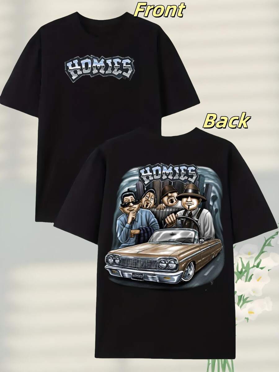 220g Heavyweight Pure Cotton Street - Homie - Car Tee - 'HOMIES' Print - 黑色 - 查看 1