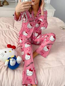 Sanrio 2pcs HELLO KITTY Women's Printed Button-Front Long Sleeve Pajama Top And Elastic Waist Long Pants Sleepwear Set - Pink - View 3