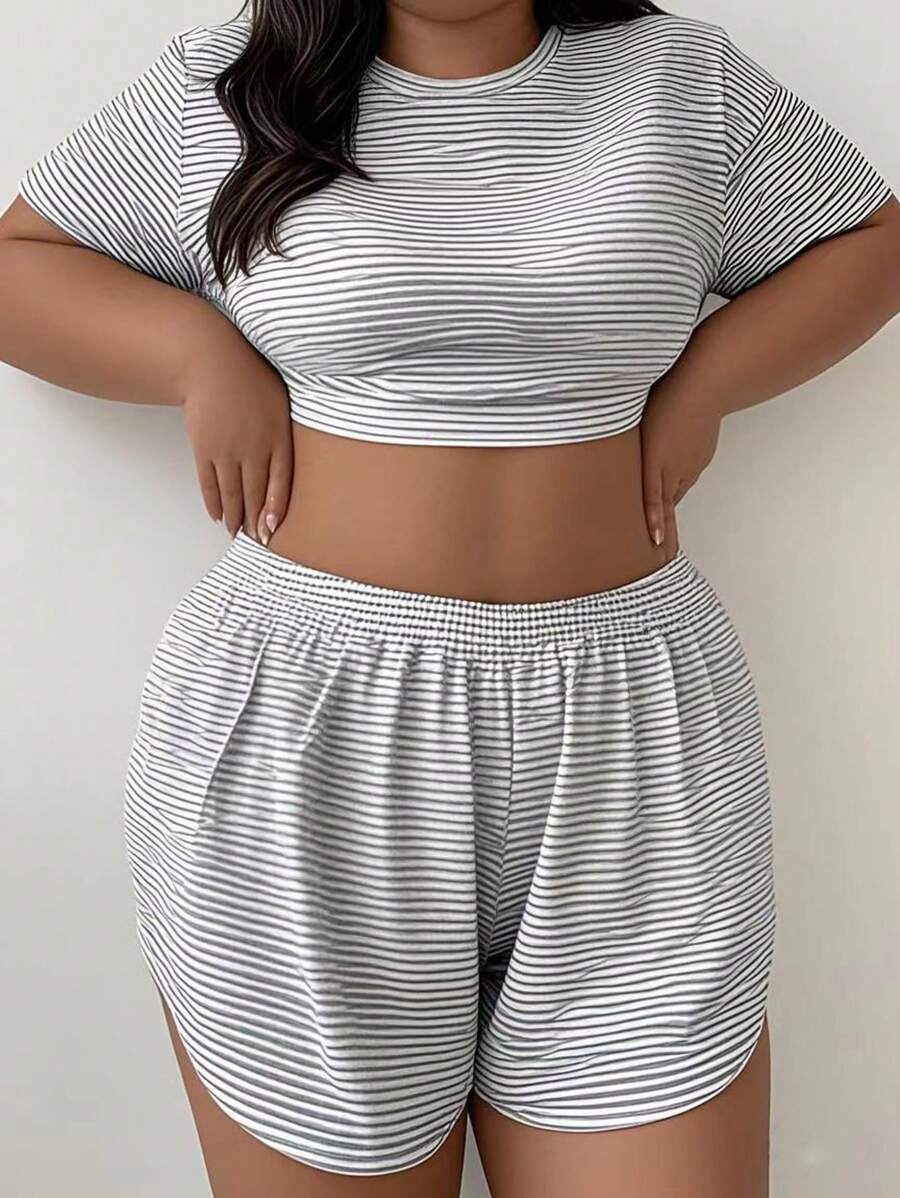 2pcs Women Plus Size Casual Relaxed Knit Top & Striped Shorts Homewear Set, Suitable For Spring, Summer & All Seasons Lounge Set - View 1