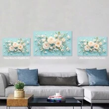 Framed-Canvas Print, White Flowers,  Blue Background, 3D Floral Art,  Elegant Wall Decor,  Minimalist Design,  Living Room Decor - Framed - View 3
