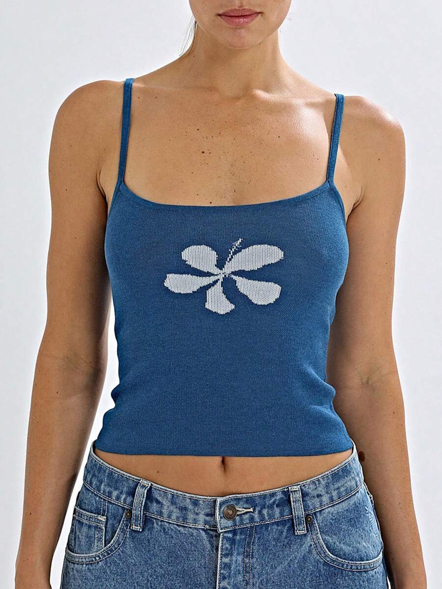 Women Y2k Knit Camisoles Crop Tank Tops Sleeveless Spaghetti Strap Backless Vest Tops Vintage Floral Graphic Print Slim Fit Shirt Going Out Tops Summer Beach Vacation Outfit Club Party Preppy Aesthetic Clothes - 藍色 - 查看 1