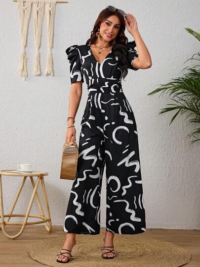 Elegante Mono De Pierna Ancha Escote En V Manga Abullonada Casual Para Mujer Con Estampado